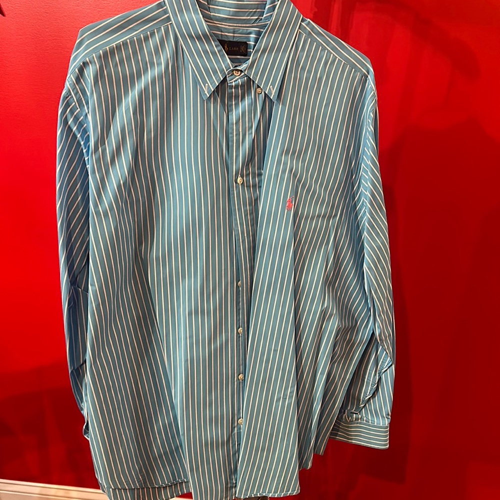 Men’s long sleeve blue and blue& white striped button-down dress shirt.
